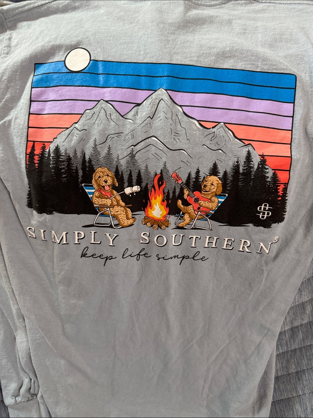 Simply Southern Gray Tee with Sunset Mountains and Dogs golden doodle